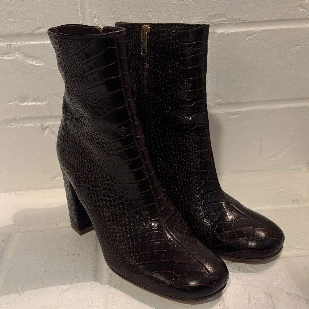 J. Crew Embossed Leather Croc Patterned Ankle Heeled Boots in Chocolate Brown